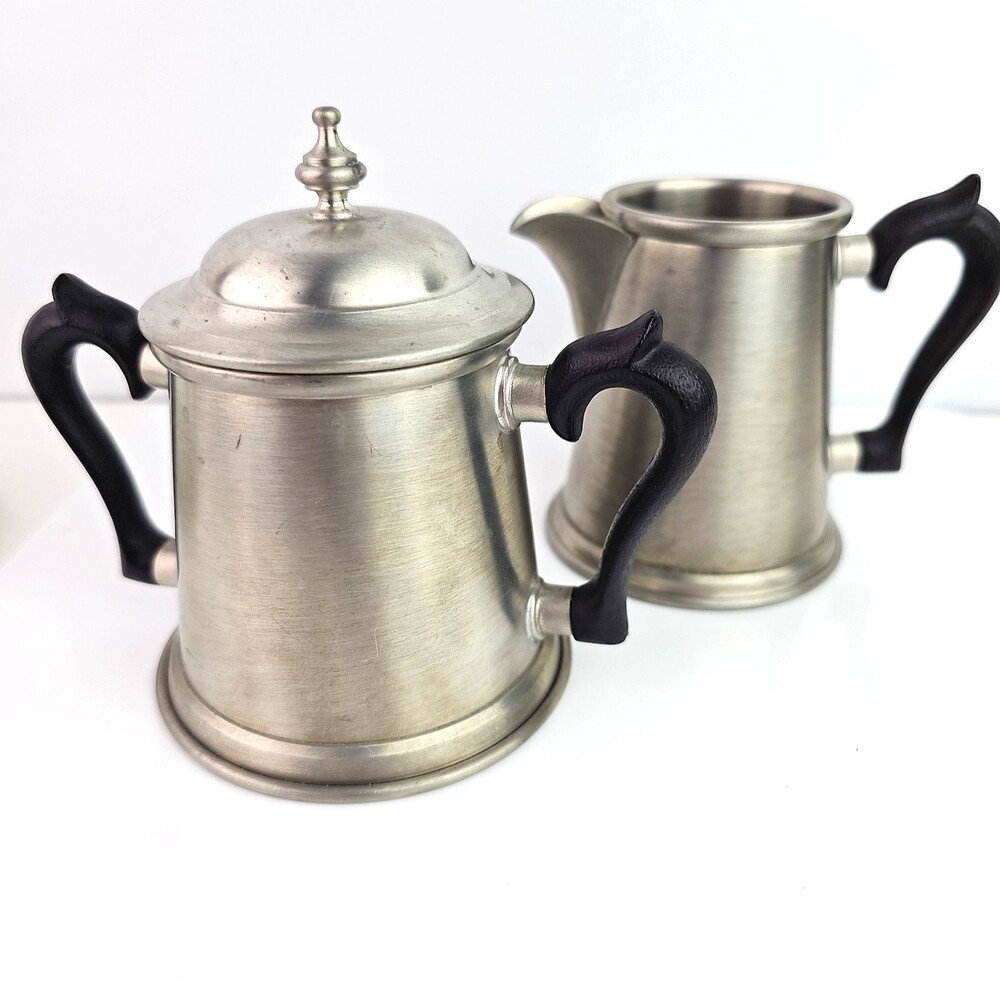 Vintage Colonial Stieff Pewter Creamer n Sugar Bowl with Lid Set Black Handles